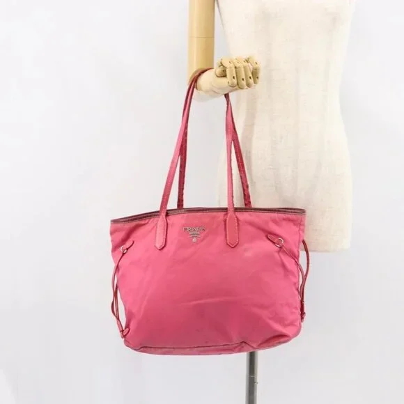 PRADA Tote Bag Nylon Pink Silver Auth 151499